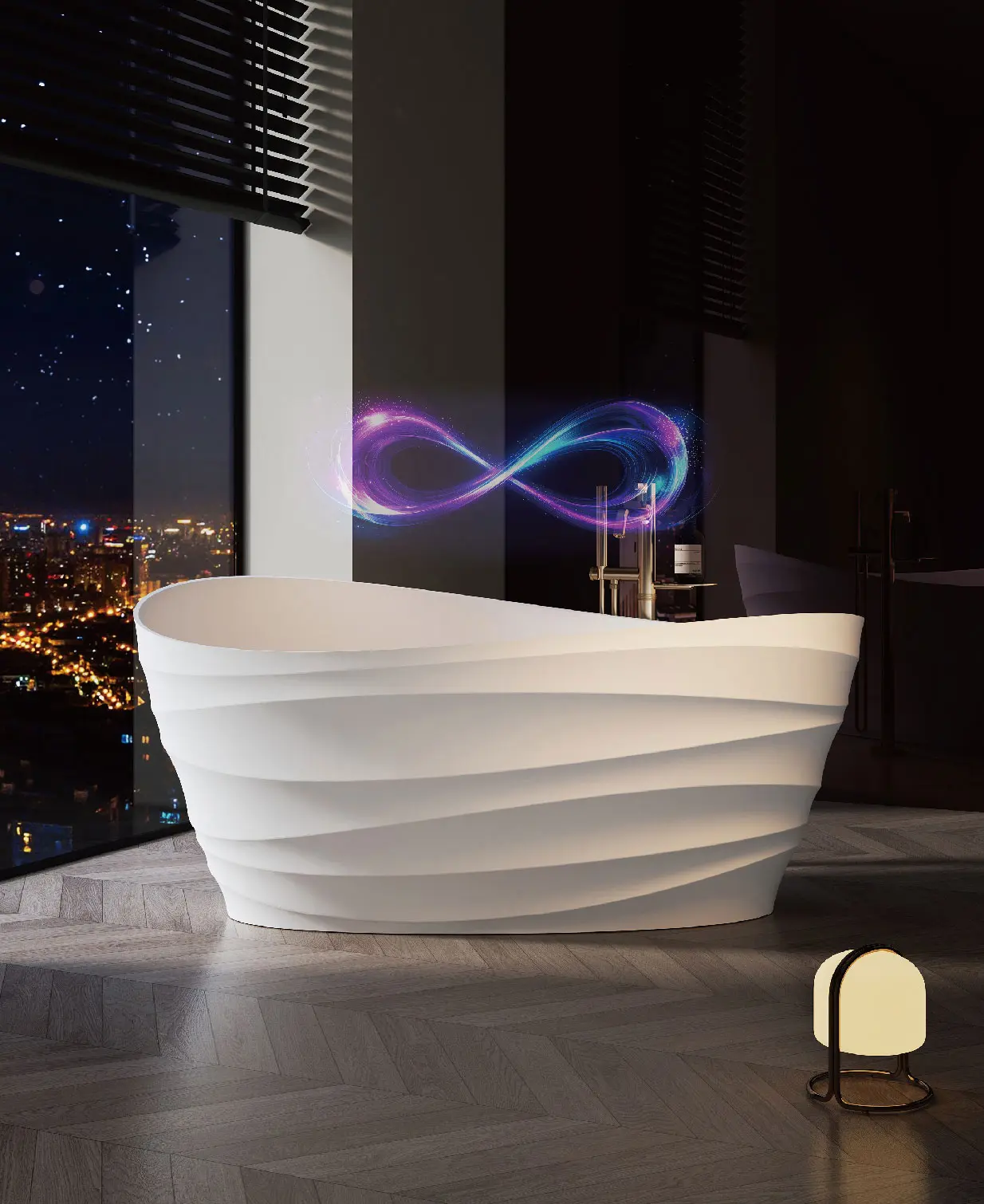 Artificial stone bathtub in a night view bathroom